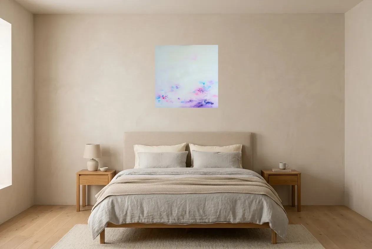 Pink Abstract Painting 143 “Mami”, original oil painting by Régine Gardan, 60 × 60 cm, hung in a bedroom