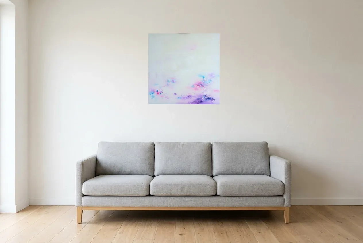 Pink Abstract Painting 143 “Mami”, original oil painting by Régine Gardan, 60 × 60 cm, hung in a living room