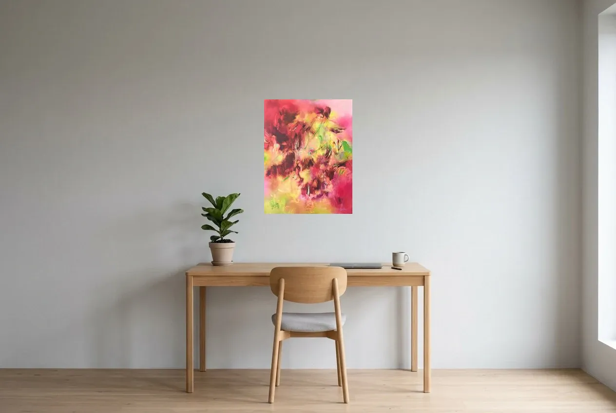 Pink Abstract Wall Art 17 “Lianes Rosâtres”, original oil painting by Régine Gardan, 50 × 65 cm, hung in a home office
