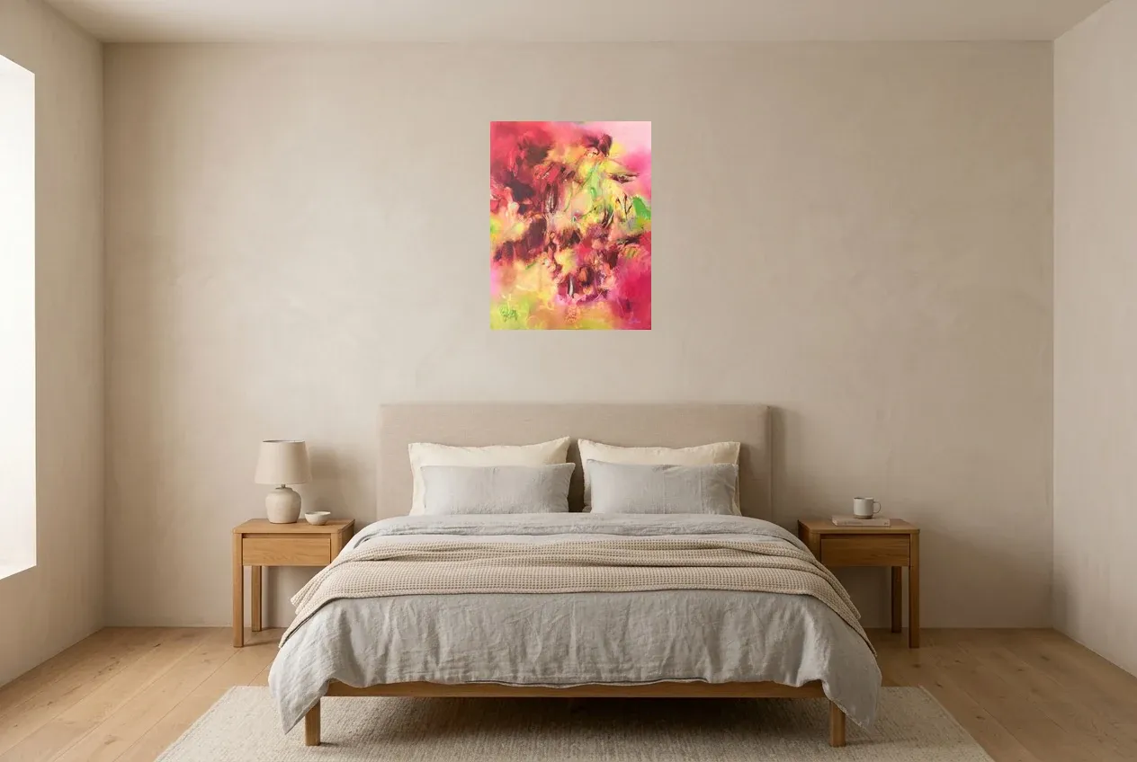 Pink Abstract Wall Art 17 “Lianes Rosâtres”, original oil painting by Régine Gardan, 50 × 65 cm, hung in a bedroom