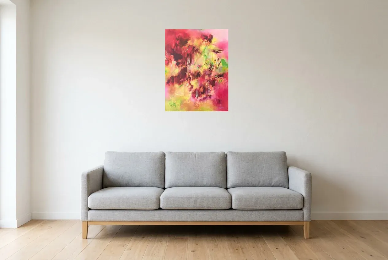 Pink Abstract Wall Art 17 “Lianes Rosâtres”, original oil painting by Régine Gardan, 50 × 65 cm, hung in a living room
