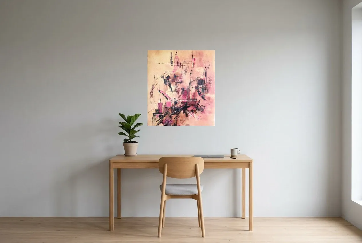 Pink Abstract Wall Art 175 “Résolution”, original oil painting by Régine Gardan, 65 × 73 cm, hung in a home office