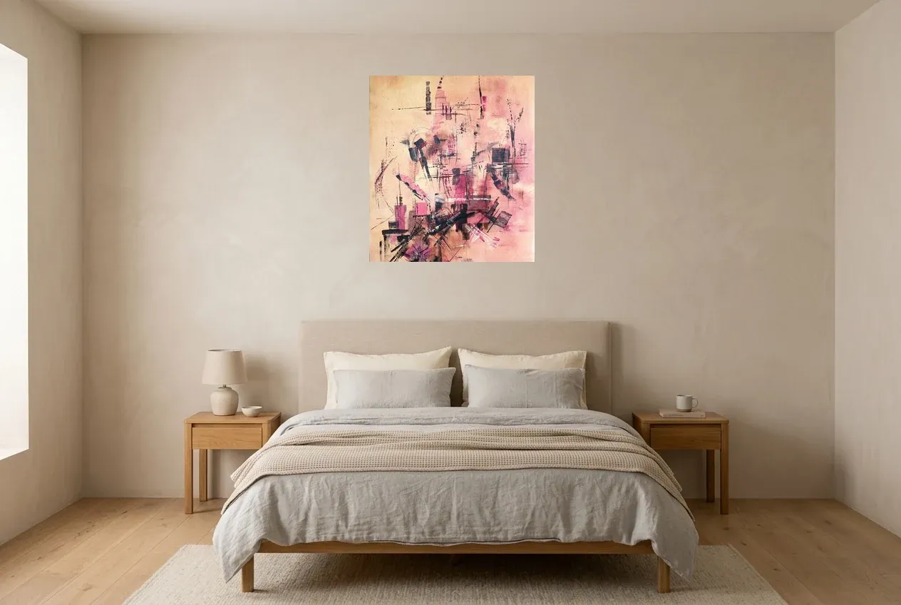 Pink Abstract Wall Art 175 “Résolution”, original oil painting by Régine Gardan, 65 × 73 cm, hung in a bedroom