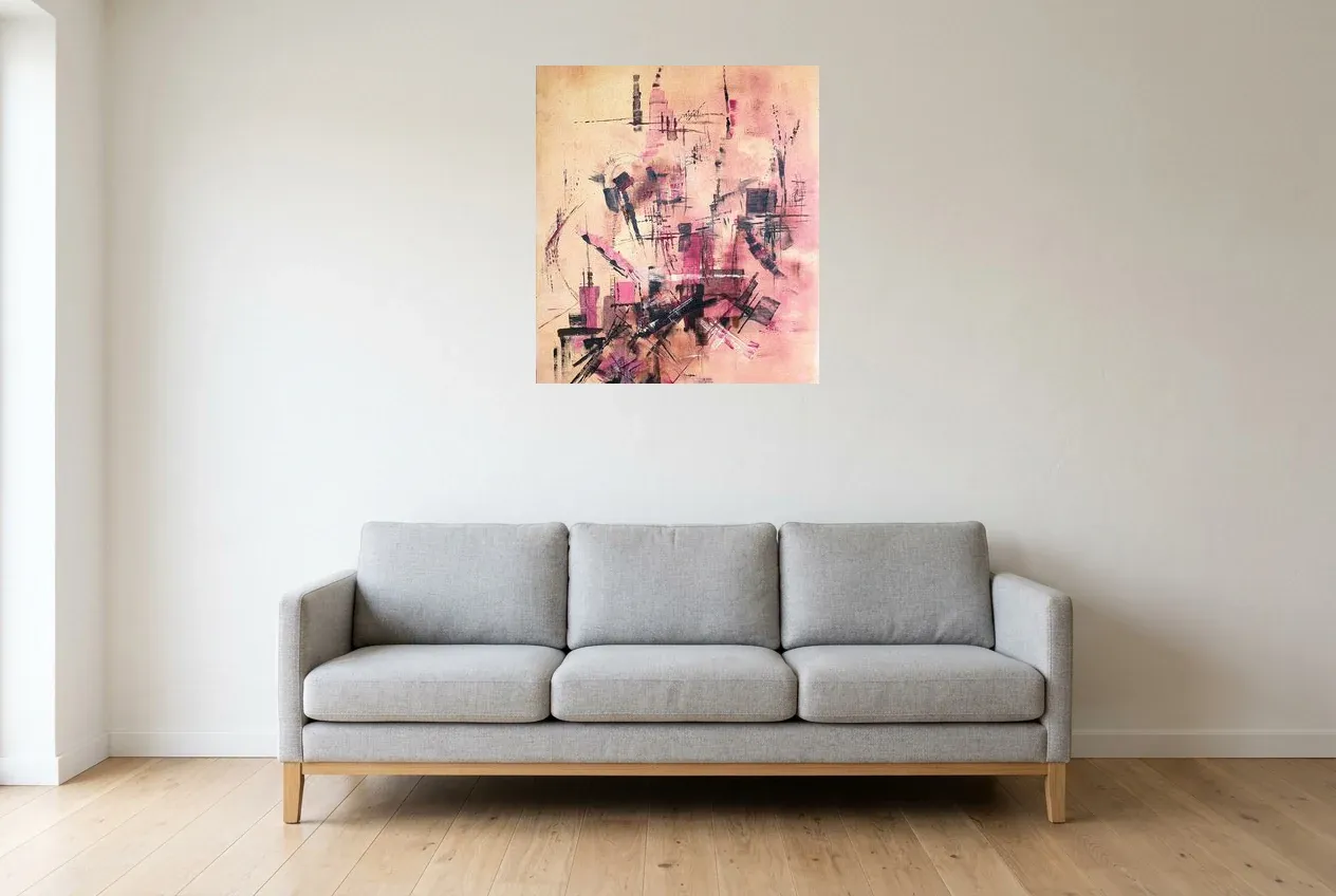 Pink Abstract Wall Art 175 “Résolution”, original oil painting by Régine Gardan, 65 × 73 cm, hung in a living room