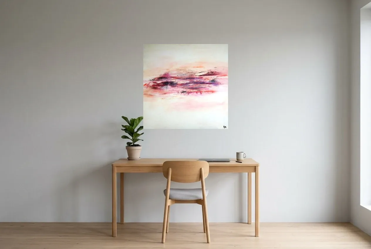 Pink Abstract Painting 196 “La Paix”, original oil painting by Régine Gardan, 80 × 80 cm, hung in a home office