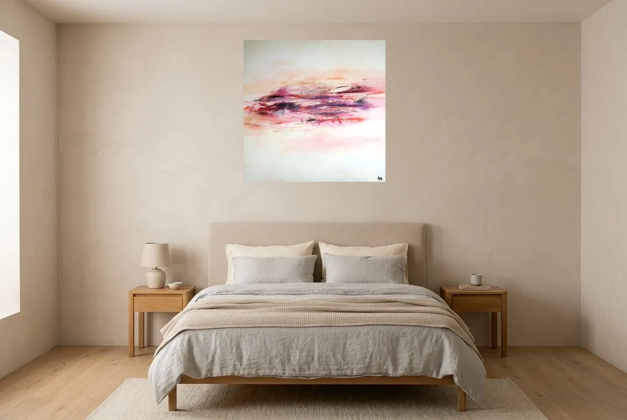 Pink Abstract Painting 196 “La Paix”, original oil painting by Régine Gardan, 80 × 80 cm, hung in a bedroom