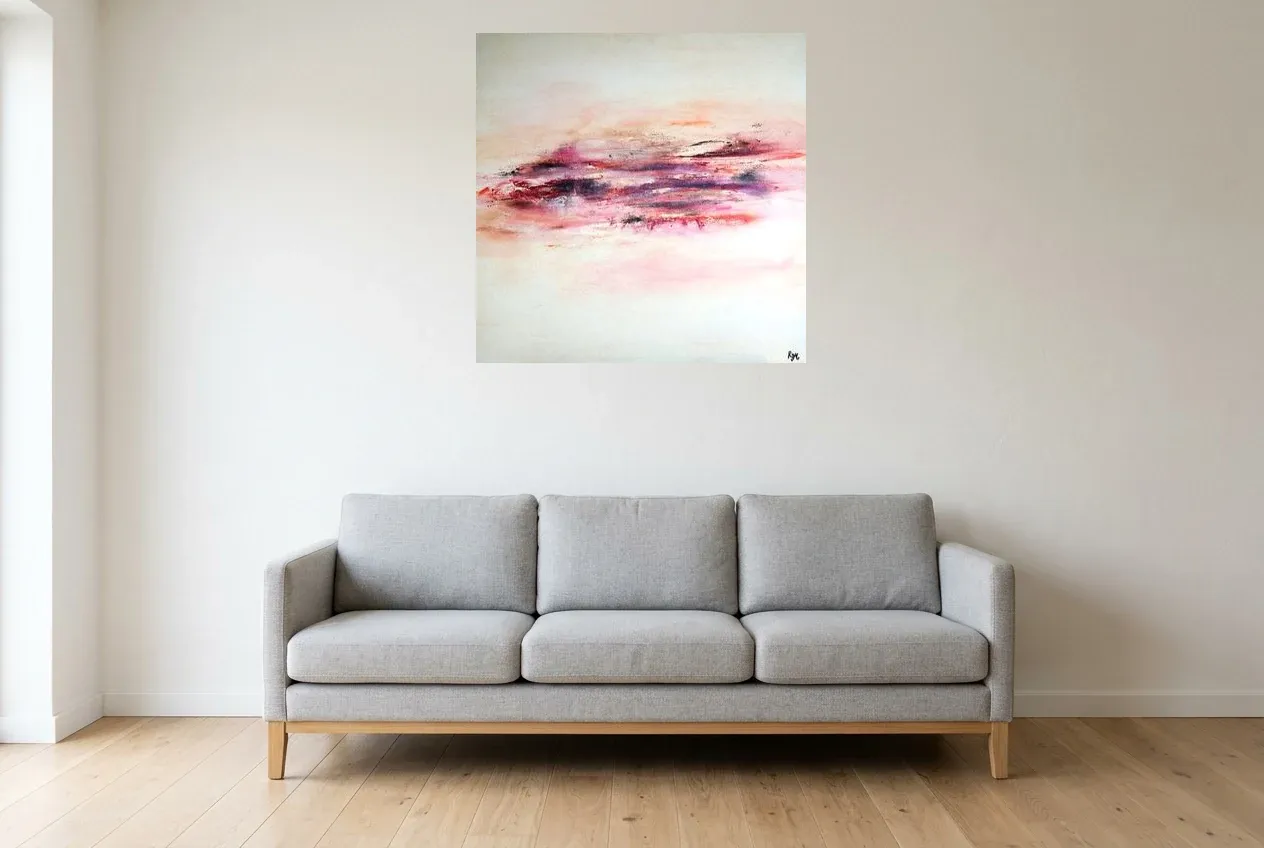 Pink Abstract Painting 196 “La Paix”, original oil painting by Régine Gardan, 80 × 80 cm, hung in a living room