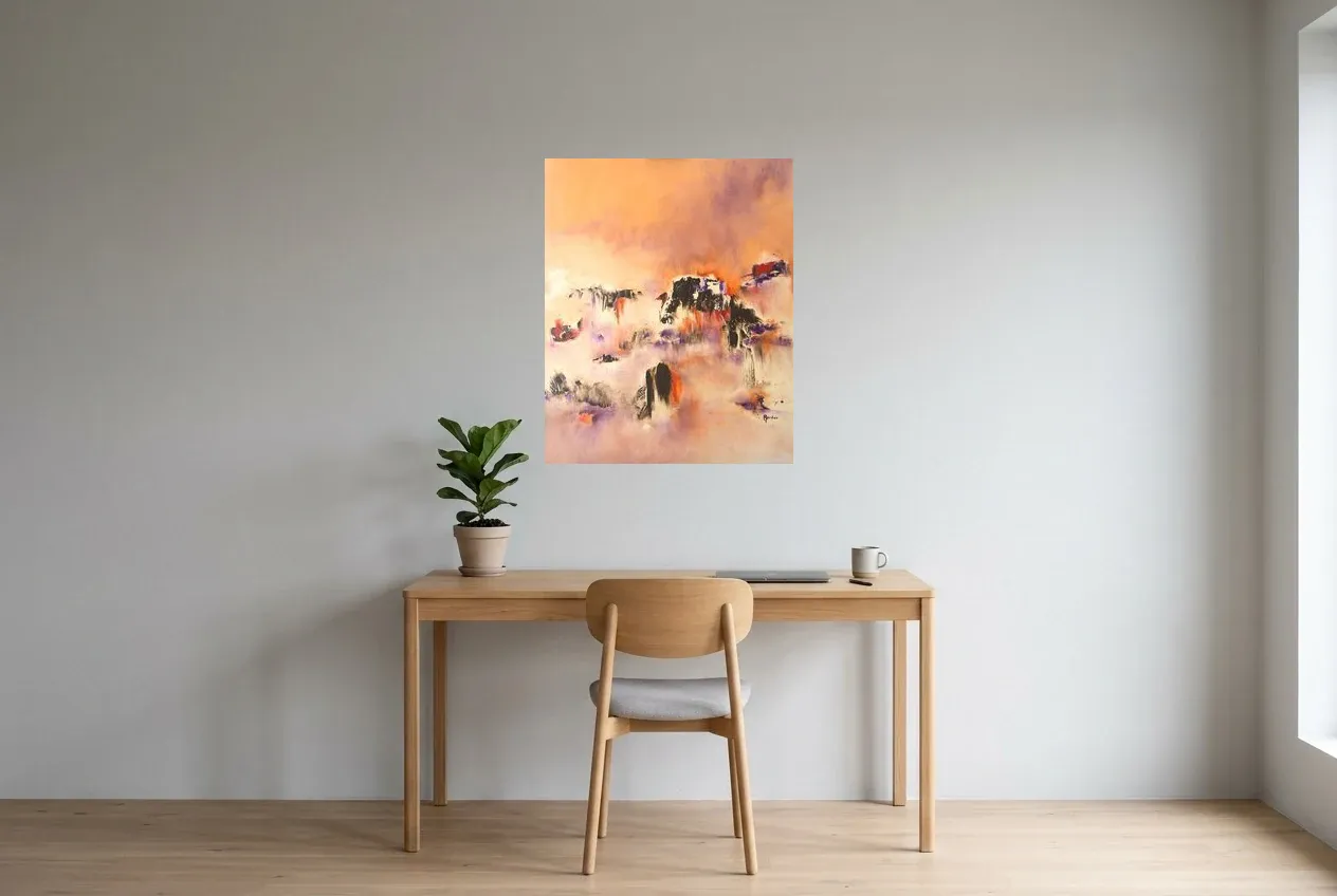 Pink Abstract Painting 22 “Mirage Réel”, original oil painting by Régine Gardan, 65 × 80 cm, hung in a home office
