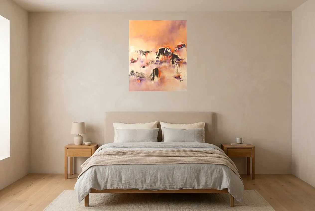Pink Abstract Painting 22 “Mirage Réel”, original oil painting by Régine Gardan, 65 × 80 cm, hung in a bedroom