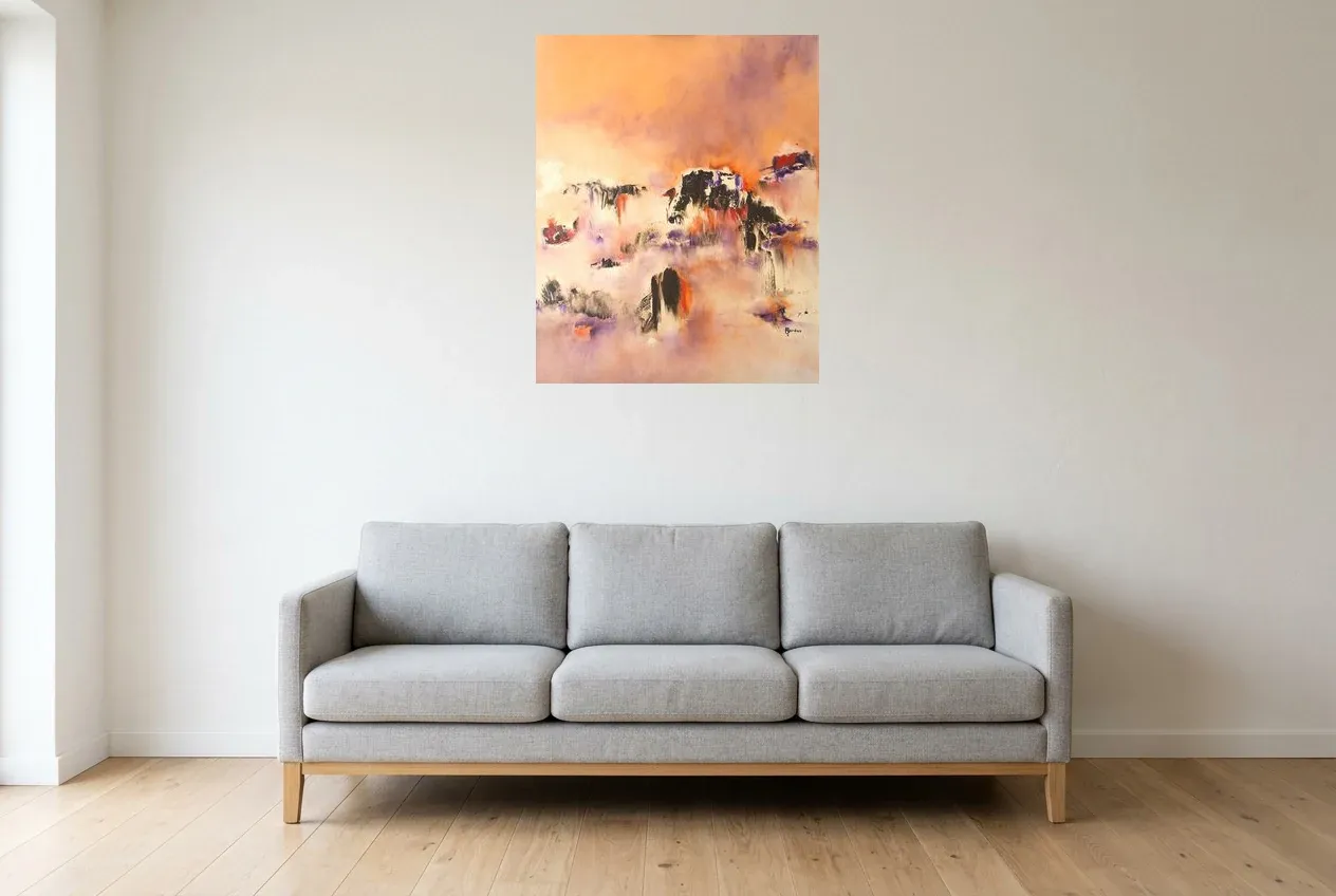 Pink Abstract Painting 22 “Mirage Réel”, original oil painting by Régine Gardan, 65 × 80 cm, hung in a living room