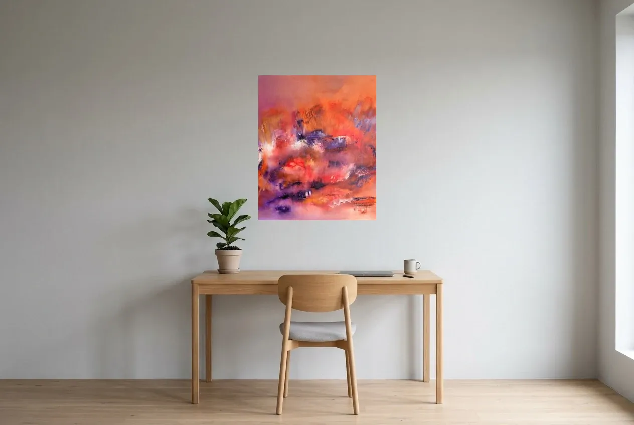 Pink Abstract Painting 220 “Chaleur Rosâtre”, original oil painting by Régine Gardan, 65 × 80 cm, hung in a home office