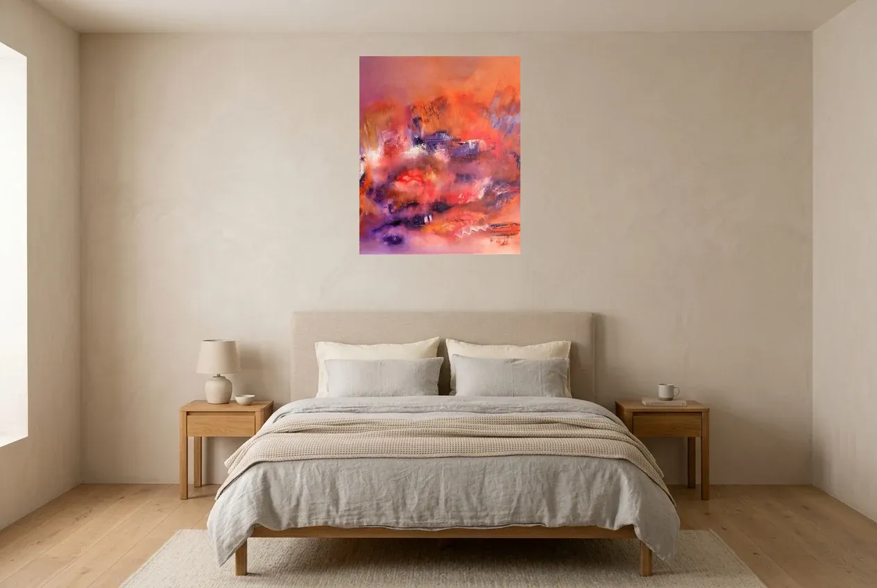 Pink Abstract Painting 220 “Chaleur Rosâtre”, original oil painting by Régine Gardan, 65 × 80 cm, hung in a bedroom