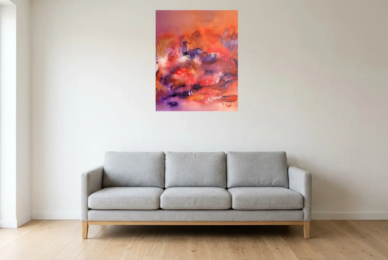 Pink Abstract Painting 220 “Chaleur Rosâtre”, original oil painting by Régine Gardan, 65 × 80 cm, hung in a living room