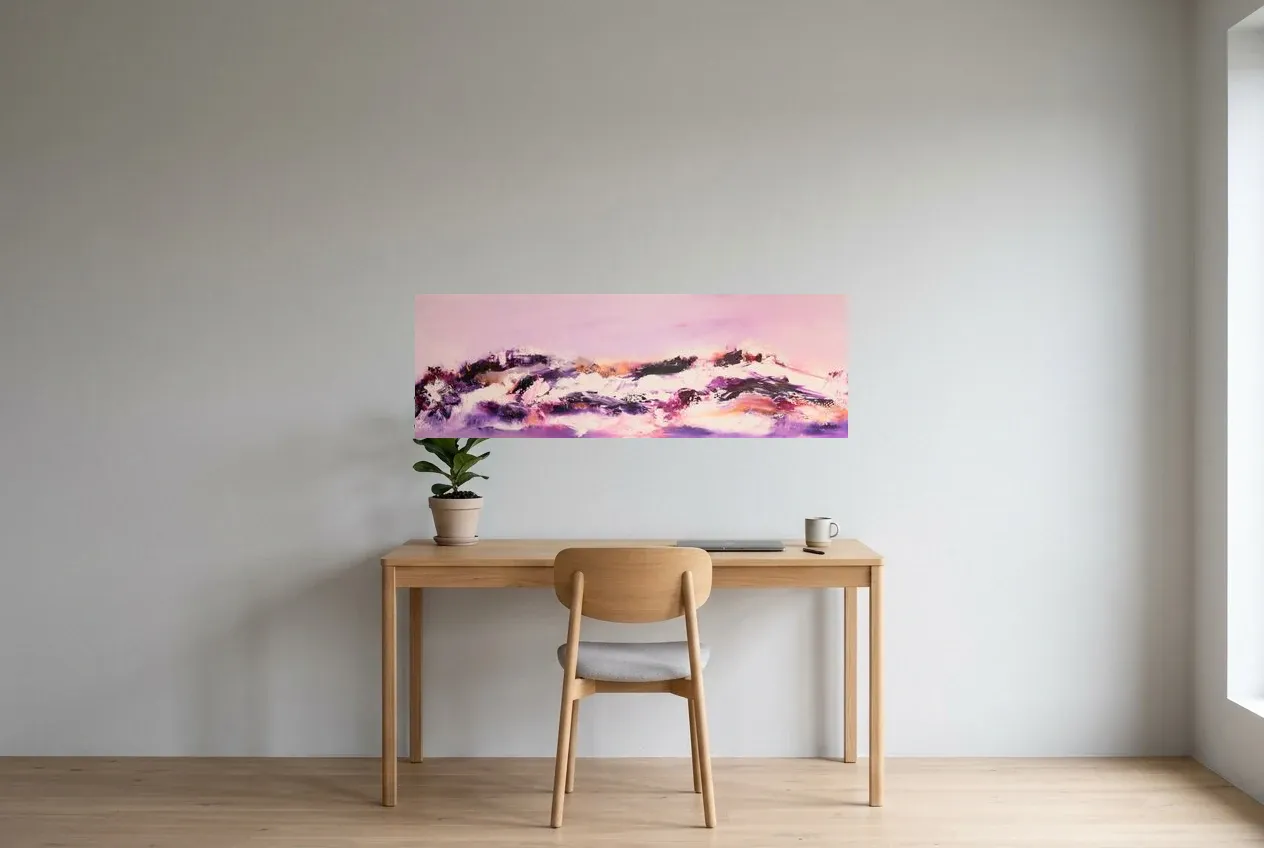 Pink Abstract Painting 238 “Tendresse”, original oil painting by Régine Gardan, 120 × 40 cm, hung in a home office