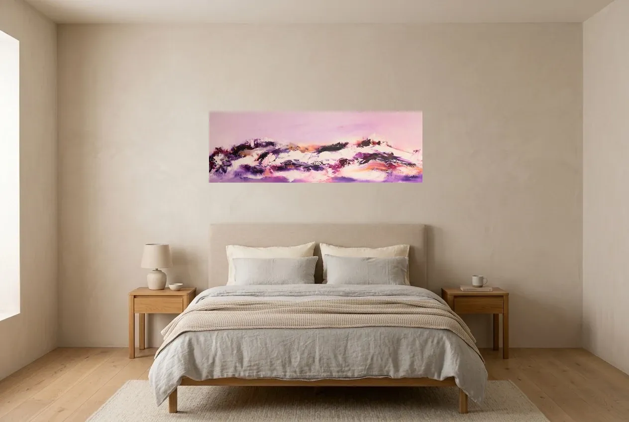 Pink Abstract Painting 238 “Tendresse”, original oil painting by Régine Gardan, 120 × 40 cm, hung in a bedroom