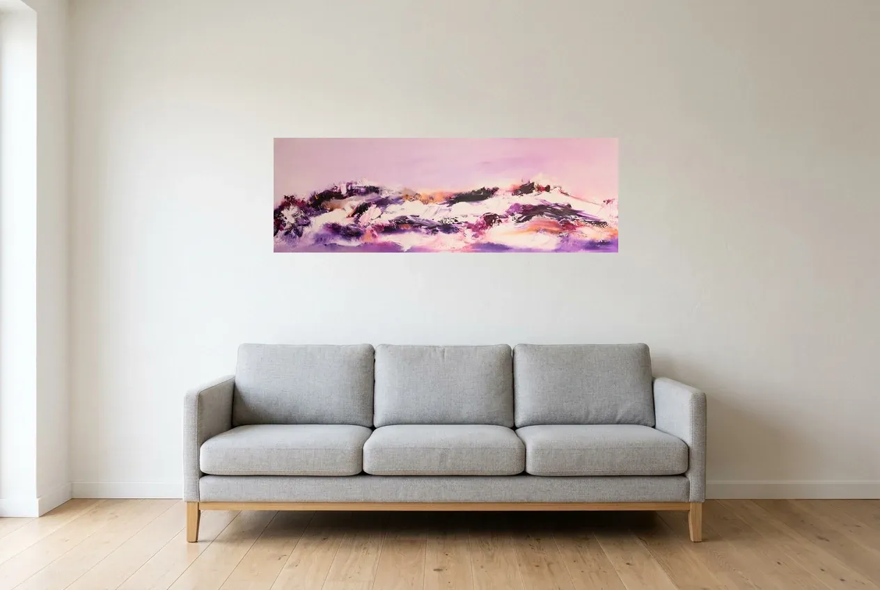 Pink Abstract Painting 238 “Tendresse”, original oil painting by Régine Gardan, 120 × 40 cm, hung in a living room