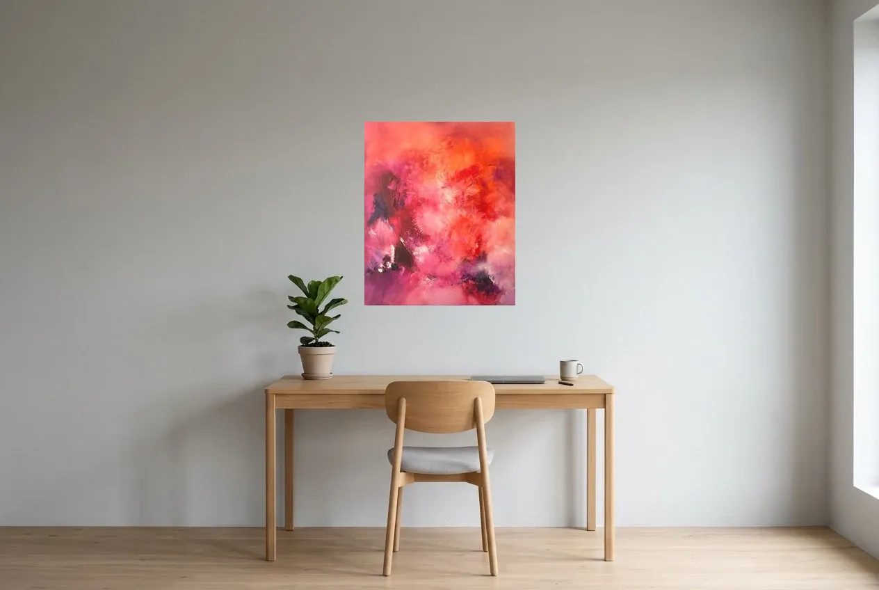 Pink Abstract Painting 37 “Nostalgia”, original oil painting by Régine Gardan, 60 × 73 cm, hung in a home office