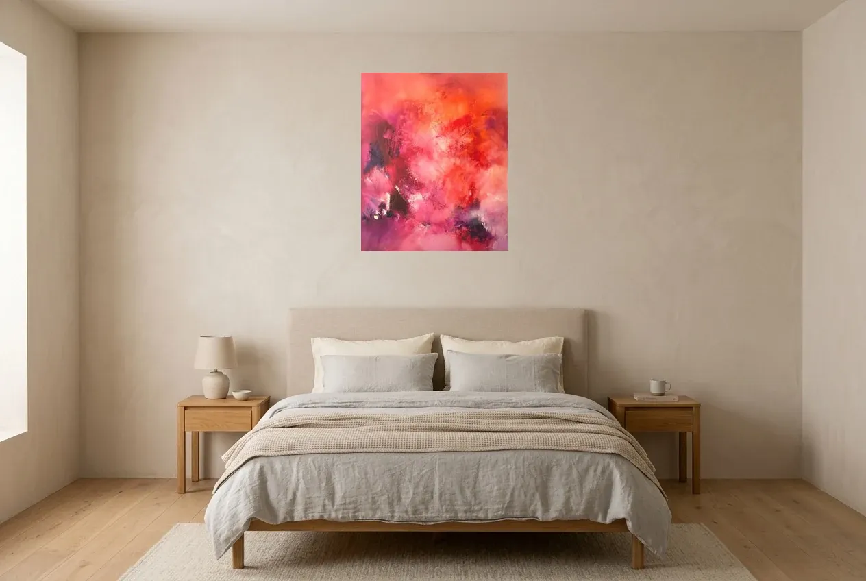 Pink Abstract Painting 37 “Nostalgia”, original oil painting by Régine Gardan, 60 × 73 cm, hung in a bedroom