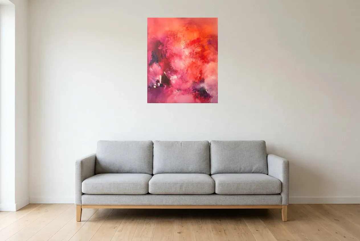 Pink Abstract Painting 37 “Nostalgia”, original oil painting by Régine Gardan, 60 × 73 cm, hung in a living room