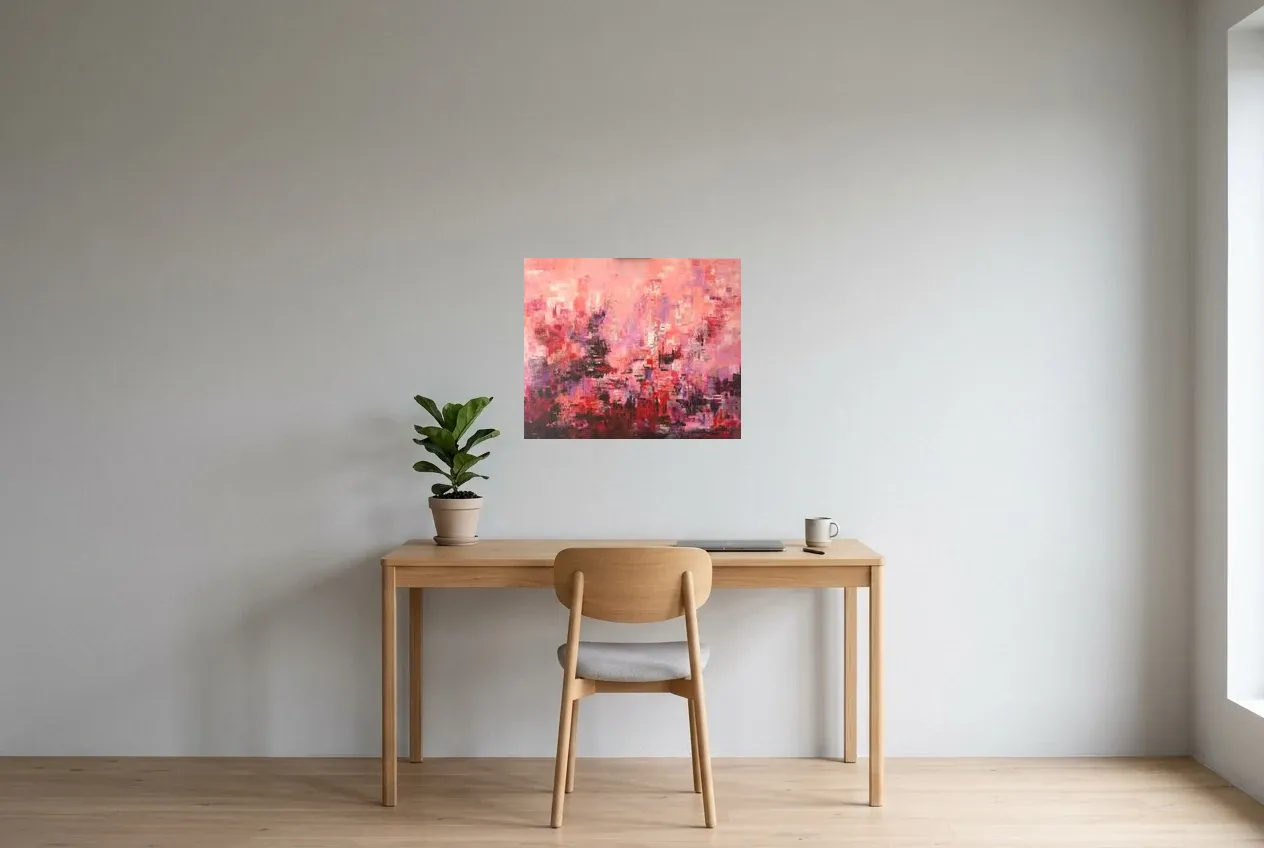 Pink Abstract Painting 39 “Développement”, original oil painting by Régine Gardan, 60 × 50 cm, hung in a home office