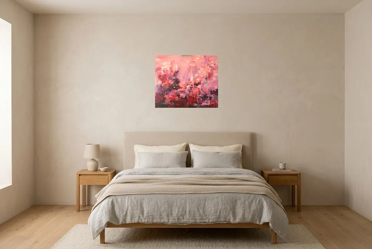 Pink Abstract Painting 39 “Développement”, original oil painting by Régine Gardan, 60 × 50 cm, hung in a bedroom