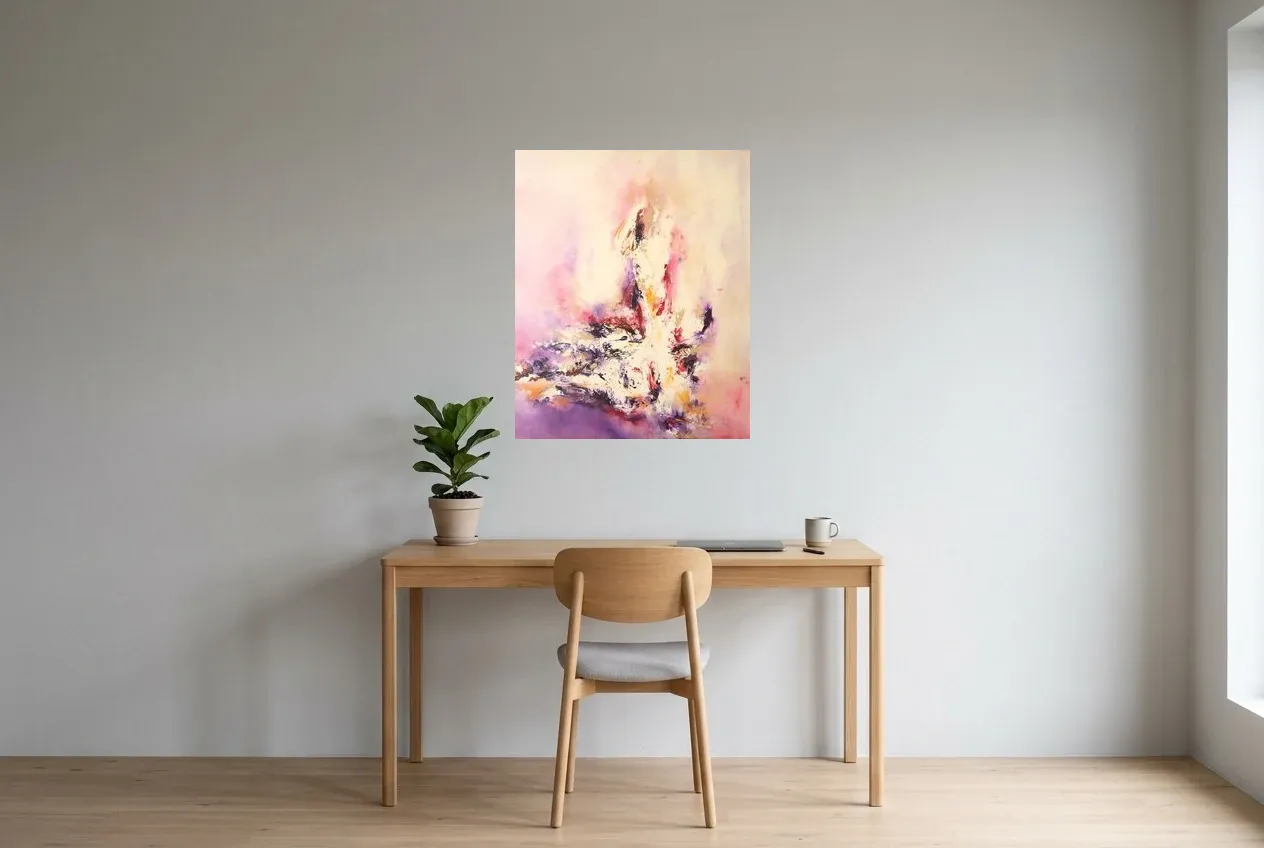 Pink Abstract Painting 49 “Feu Blanc”, original oil painting by Régine Gardan, 65 × 80 cm, hung in a home office