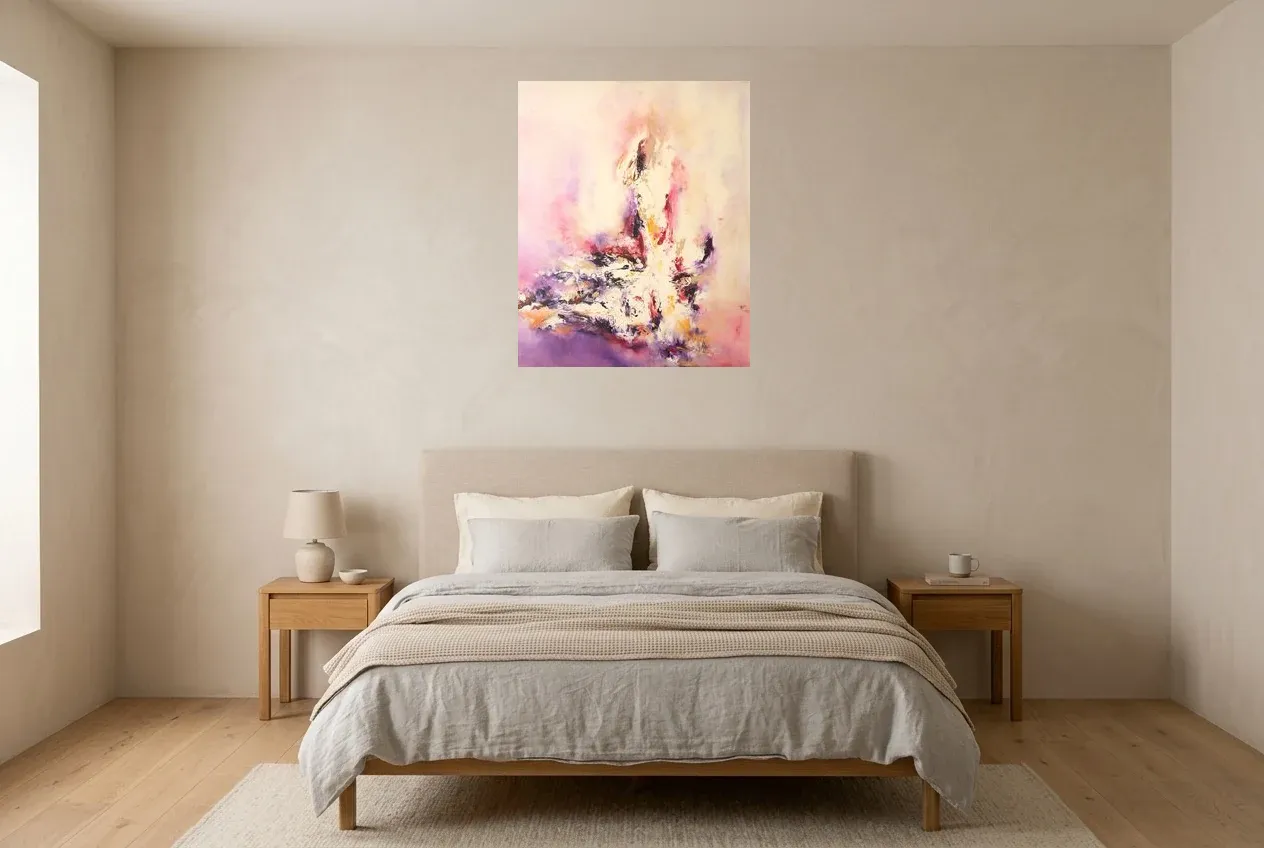 Pink Abstract Painting 49 “Feu Blanc”, original oil painting by Régine Gardan, 65 × 80 cm, hung in a bedroom