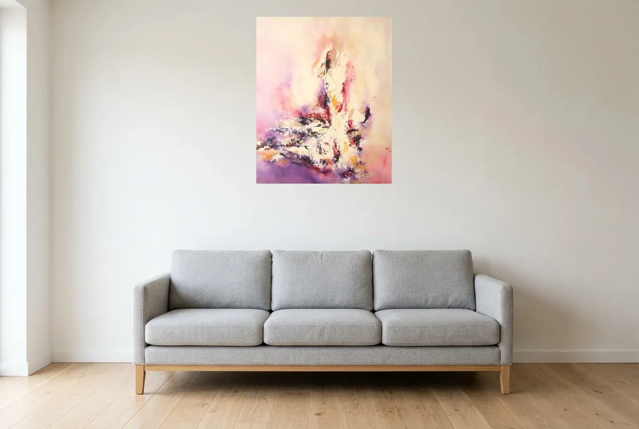 Pink Abstract Painting 49 “Feu Blanc”, original oil painting by Régine Gardan, 65 × 80 cm, hung in a living room