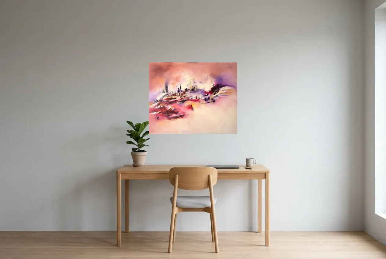 Pink Abstract Wall Art 55 “Illusion Magique”, original oil painting by Régine Gardan, 80 × 65 cm, hung in a home office