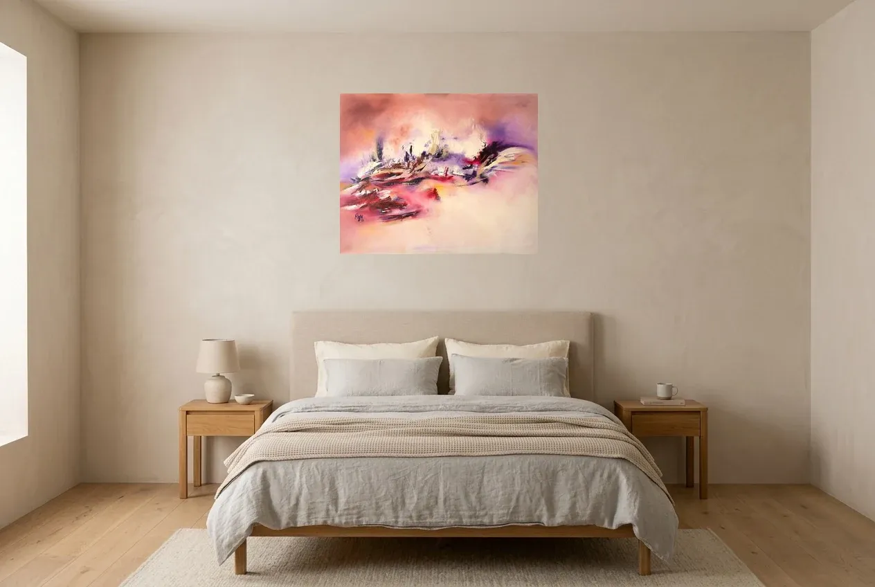 Pink Abstract Wall Art 55 “Illusion Magique”, original oil painting by Régine Gardan, 80 × 65 cm, hung in a bedroom