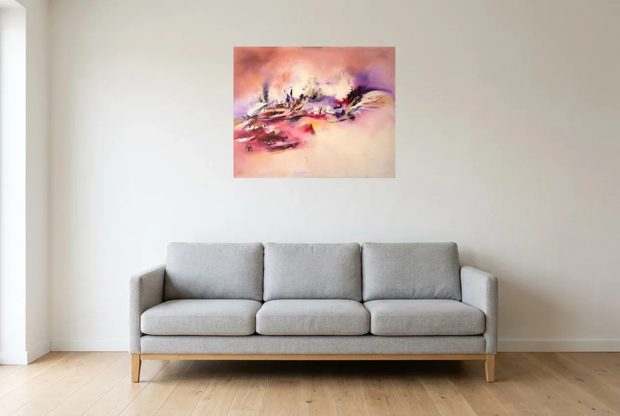 Pink Abstract Wall Art 55 “Illusion Magique”, original oil painting by Régine Gardan, 80 × 65 cm, hung in a living room