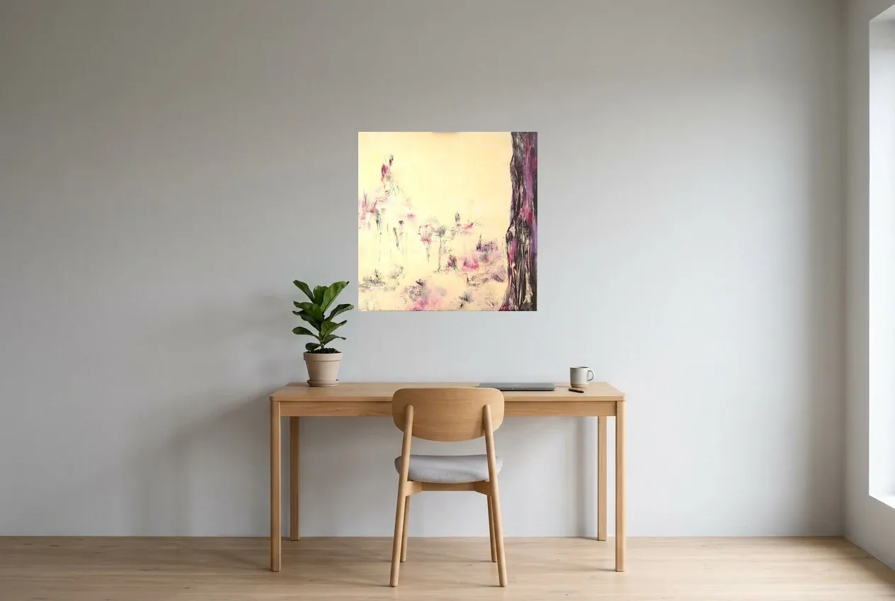 Pink Abstract Painting 58 “Prairie Enchantée”, original oil painting by Régine Gardan, 70 × 70 cm, hung in a home office