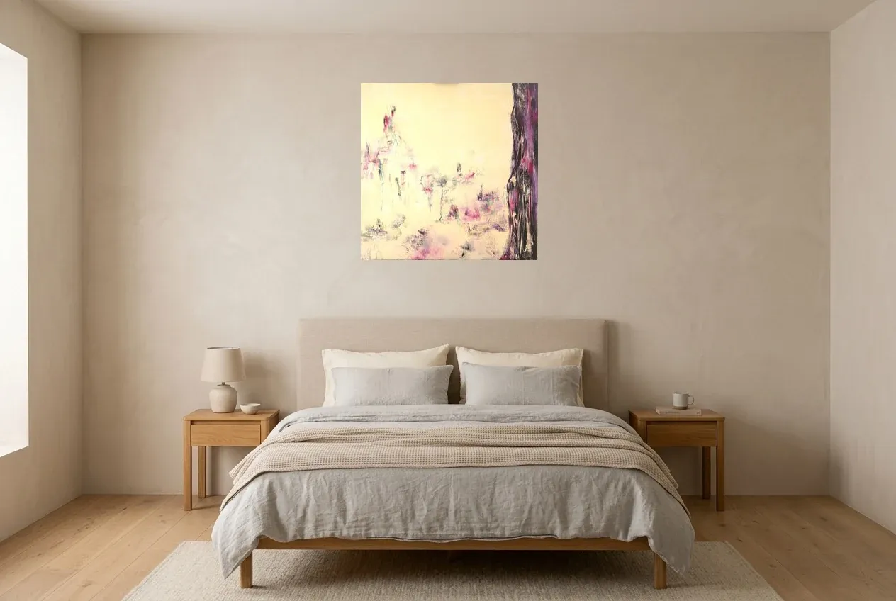 Pink Abstract Painting 58 “Prairie Enchantée”, original oil painting by Régine Gardan, 70 × 70 cm, hung in a bedroom