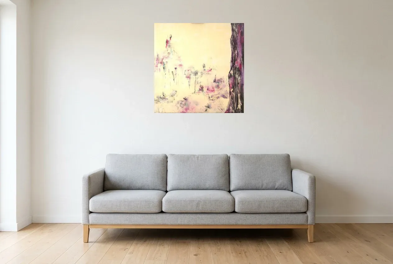 Pink Abstract Painting 58 “Prairie Enchantée”, original oil painting by Régine Gardan, 70 × 70 cm, hung in a living room