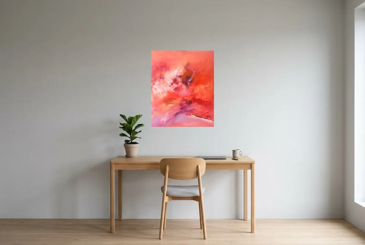 Pink Abstract Painting 63 “Relief”, original oil painting by Régine Gardan, 60 × 73 cm, hung in a home office