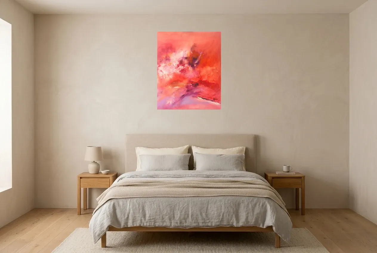 Pink Abstract Painting 63 “Relief”, original oil painting by Régine Gardan, 60 × 73 cm, hung in a bedroom