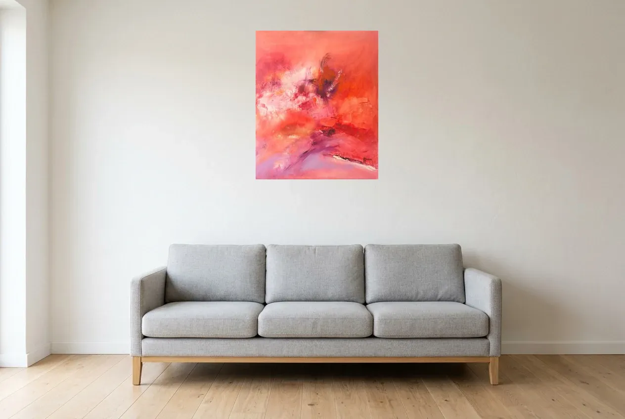 Pink Abstract Painting 63 “Relief”, original oil painting by Régine Gardan, 60 × 73 cm, hung in a living room