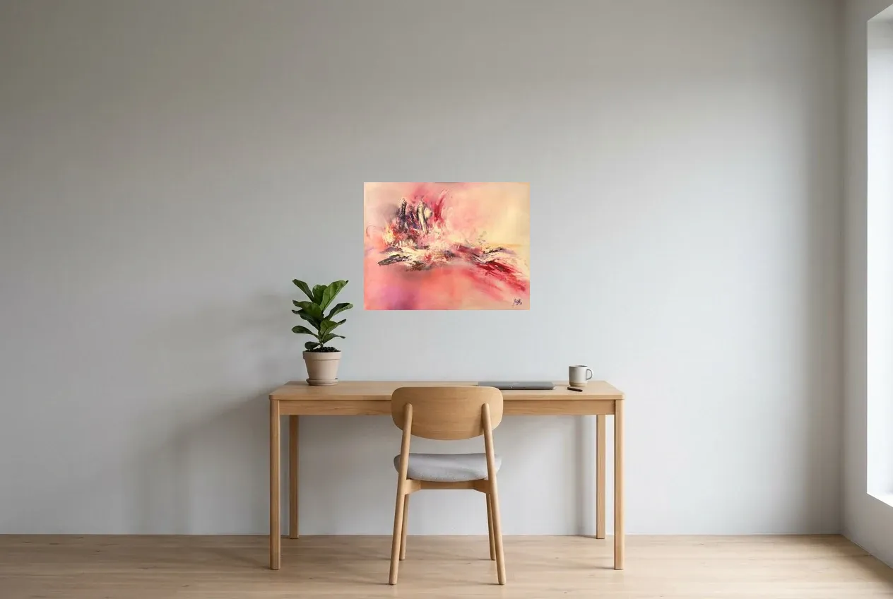 Pink Abstract Painting 77 “Vol d’Oiseau”, original oil painting by Régine Gardan, 65 × 50 cm, hung in a home office