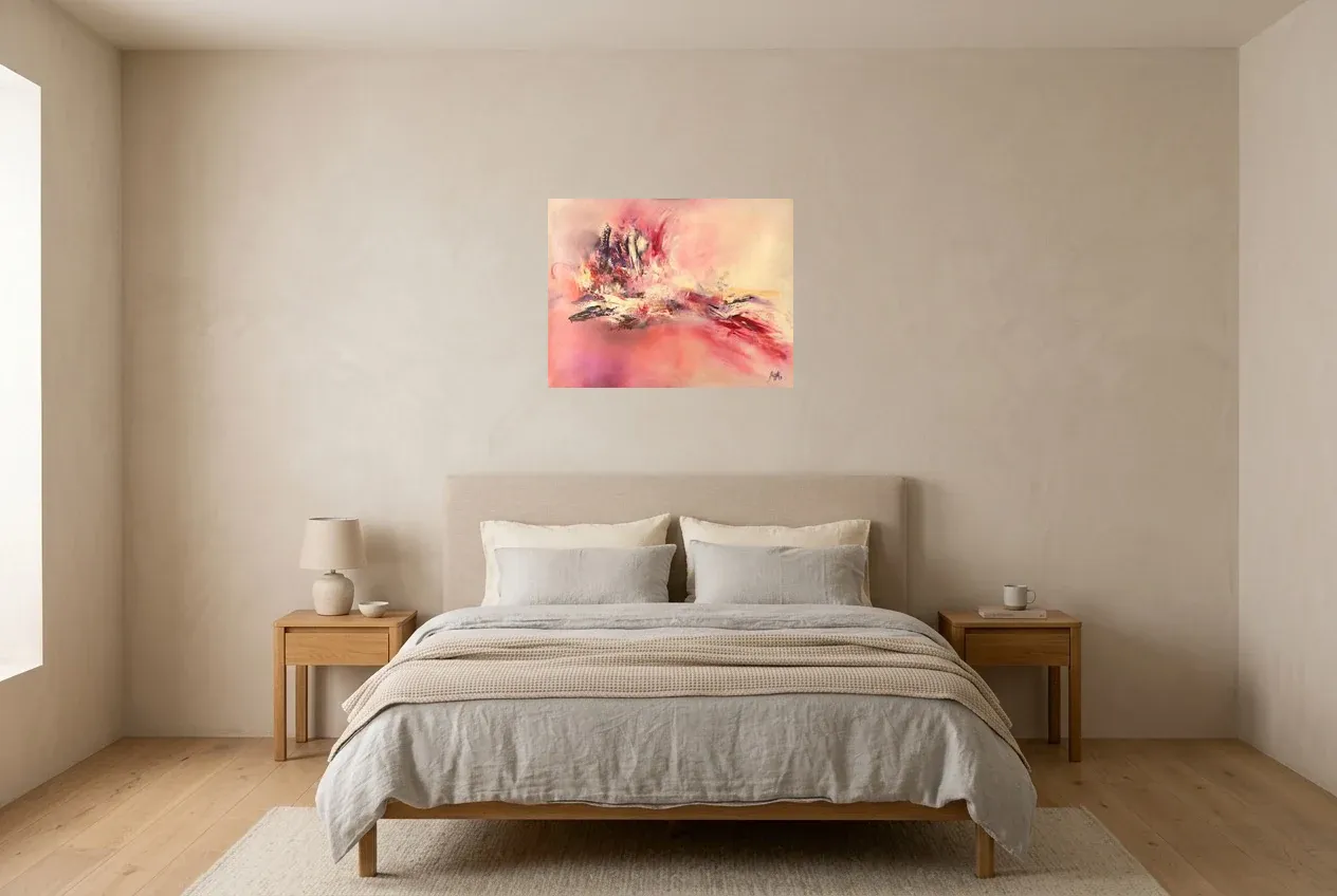 Pink Abstract Painting 77 “Vol d’Oiseau”, original oil painting by Régine Gardan, 65 × 50 cm, hung in a bedroom