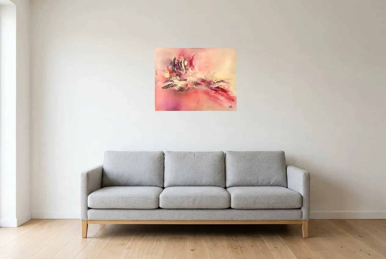 Pink Abstract Painting 77 “Vol d’Oiseau”, original oil painting by Régine Gardan, 65 × 50 cm, hung in a living room