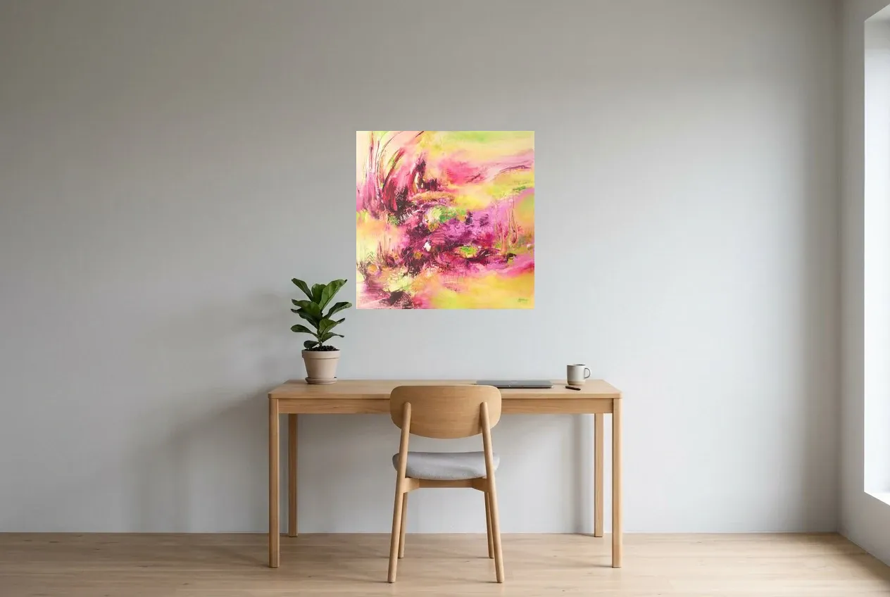Pink Abstract Painting 80 “Feu Rosé”, original oil painting by Régine Gardan, 70 × 70 cm, hung in a home office