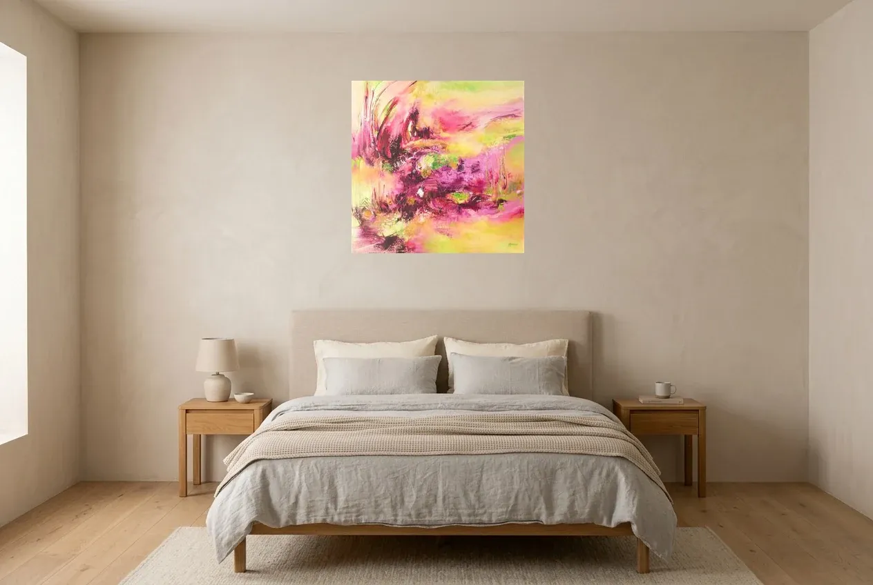 Pink Abstract Painting 80 “Feu Rosé”, original oil painting by Régine Gardan, 70 × 70 cm, hung in a bedroom