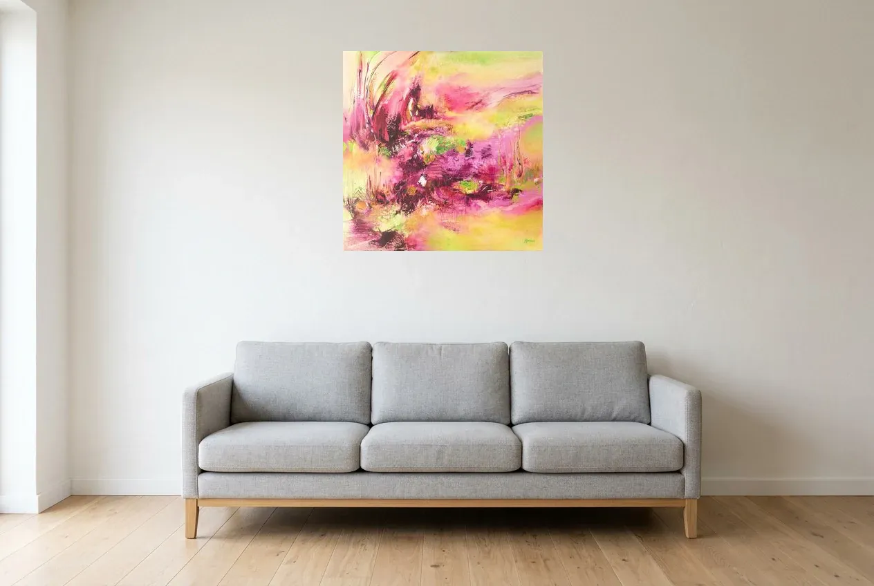 Pink Abstract Painting 80 “Feu Rosé”, original oil painting by Régine Gardan, 70 × 70 cm, hung in a living room