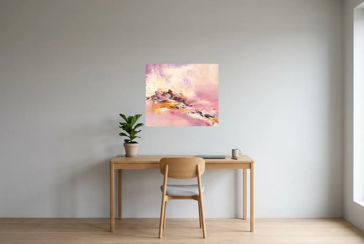 Cuadro Abstracto Rosa 88 “Ascension”, pintura original al óleo de Régine Gardan, 70 × 60 cm, colgado en un despacho