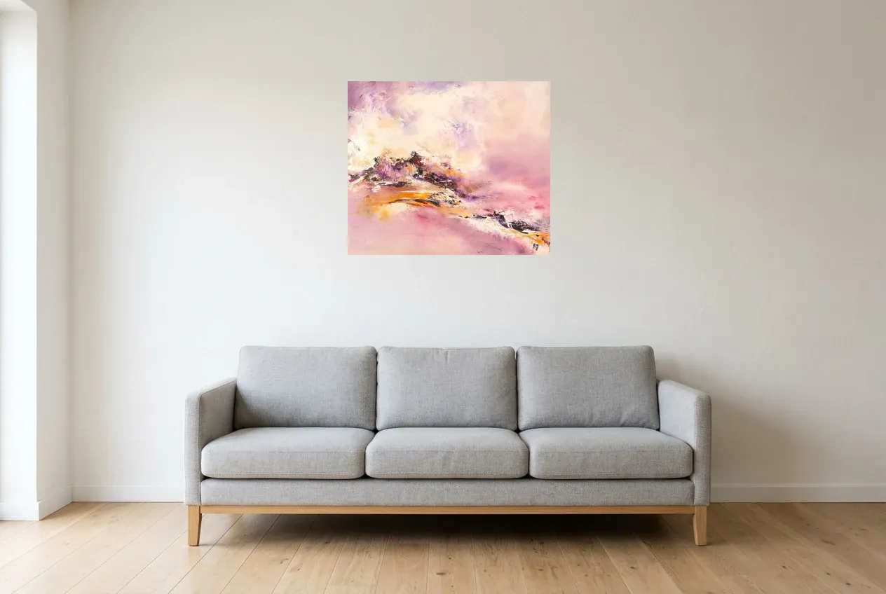 Cuadro Abstracto Rosa 88 “Ascension”, pintura original al óleo de Régine Gardan, 70 × 60 cm, colgado en un salón