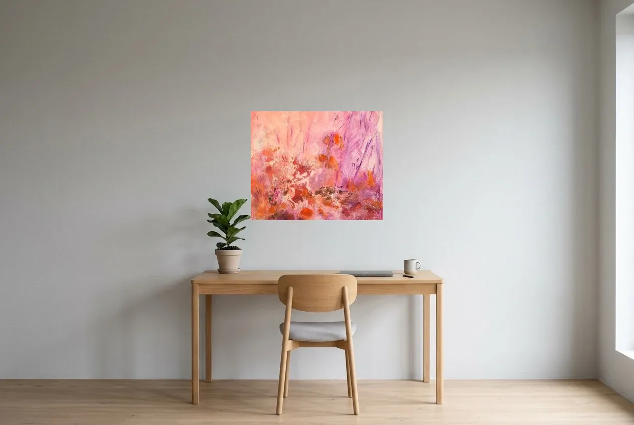 Cuadro Abstracto Rosa 89 “Lys Orangé”, pintura original al óleo de Régine Gardan, 73 × 60 cm, colgado en un despacho