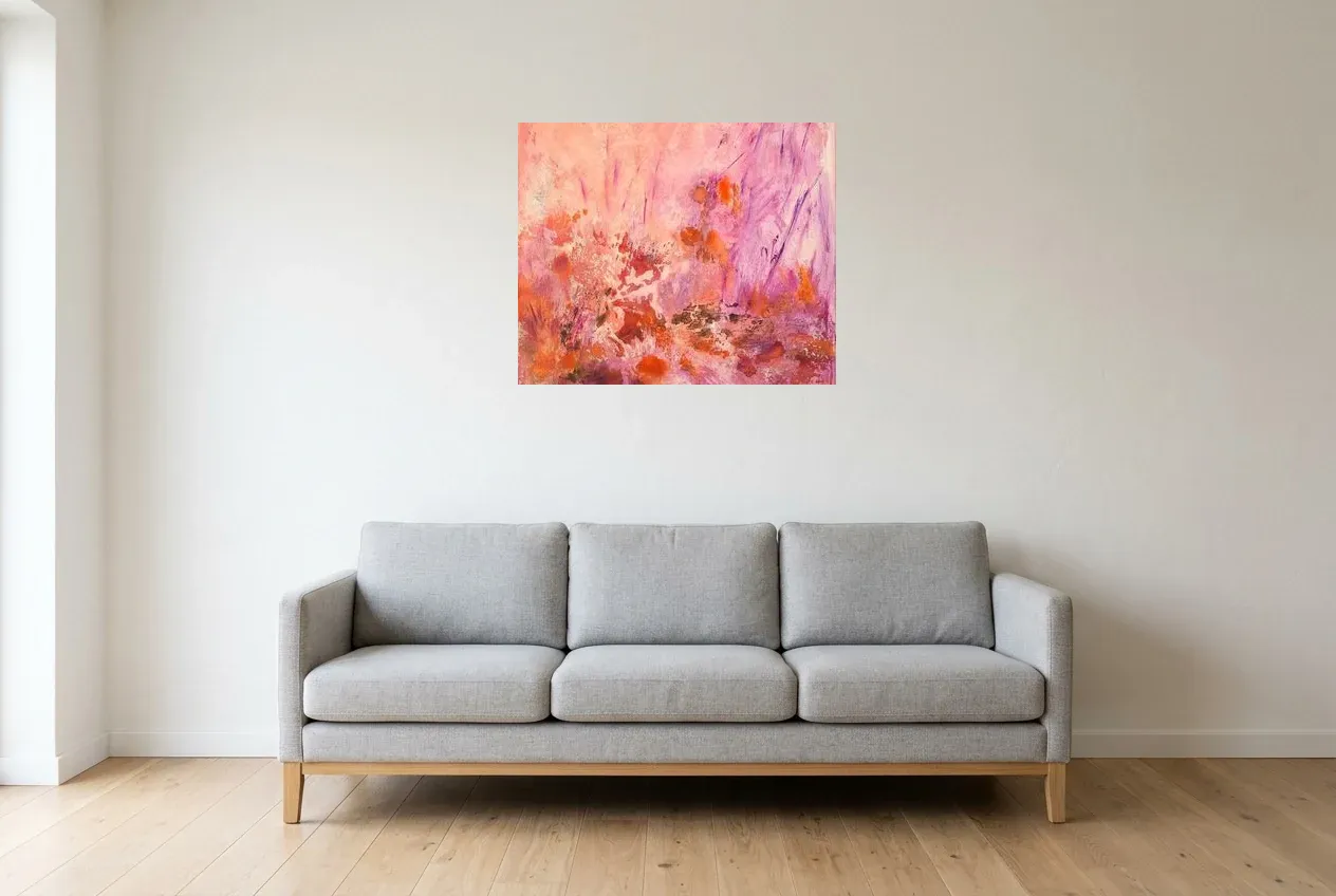 Cuadro Abstracto Rosa 89 “Lys Orangé”, pintura original al óleo de Régine Gardan, 73 × 60 cm, colgado en un salón
