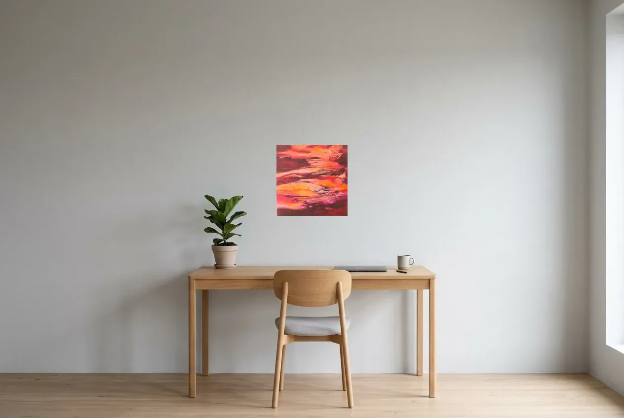 Red Abstract Painting 101 “Cavern”, original oil painting by Régine Gardan, 40 × 40 cm, hung in a home office