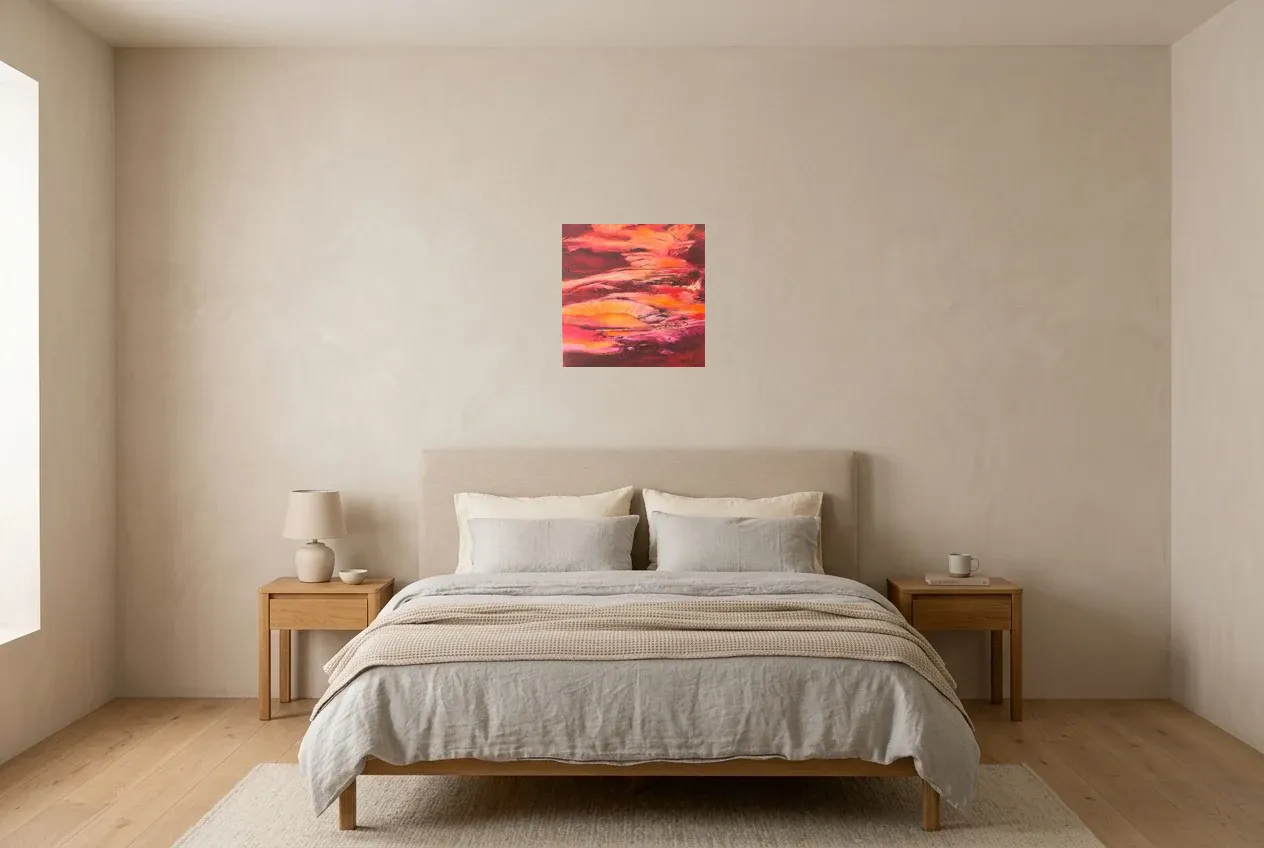 Red Abstract Painting 101 “Cavern”, original oil painting by Régine Gardan, 40 × 40 cm, hung in a bedroom
