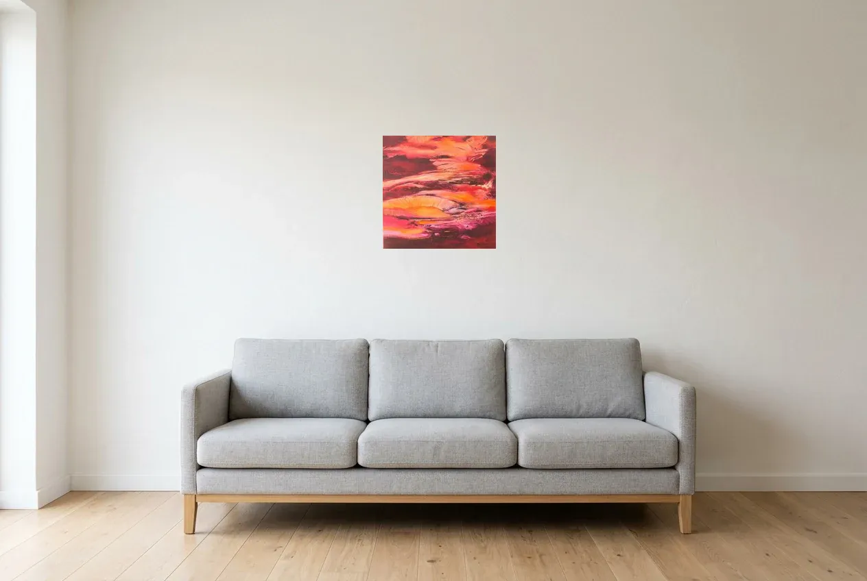 Red Abstract Painting 101 “Cavern”, original oil painting by Régine Gardan, 40 × 40 cm, hung in a living room
